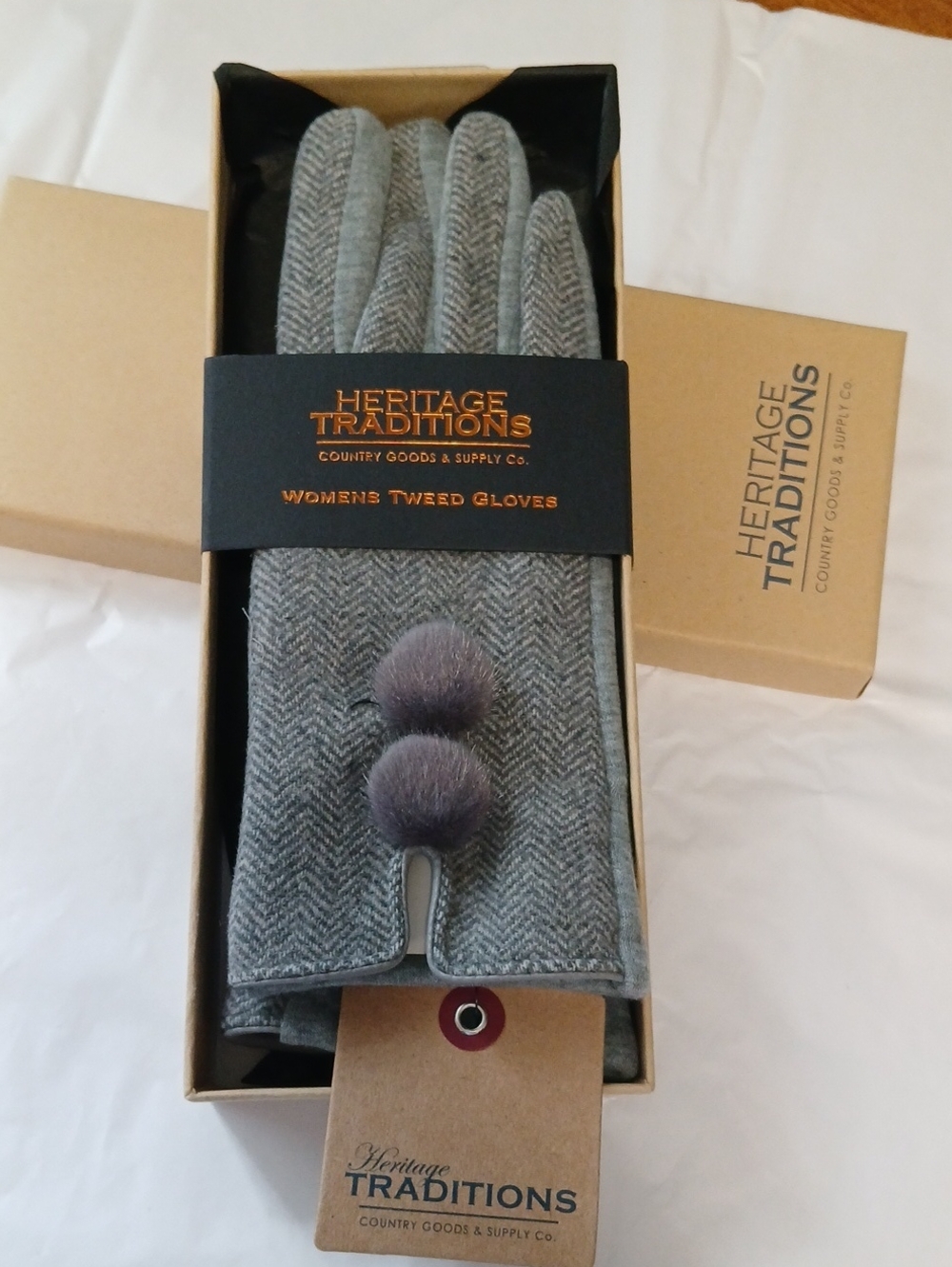 Foxford Woolen Mills IRISH Women's Grey Tweed Gloves with Pom-Poms